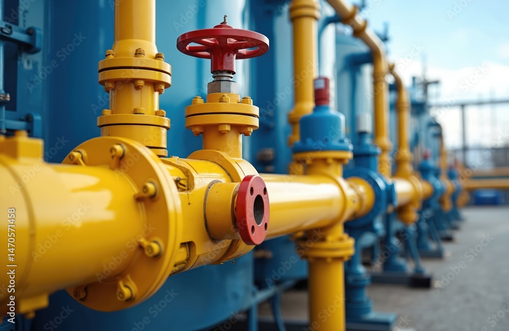 Industrial view of gas distribution station with pipes valves and equipment. Yellow and blue pipeline system, red valve. Natural gas supply industry. Energy production and transportation. Industrial view of gas distribution station with pipes valves and equipment. Yellow and blue pipeline system, red valve. Natural gas supply industry. Energy production and transportation.