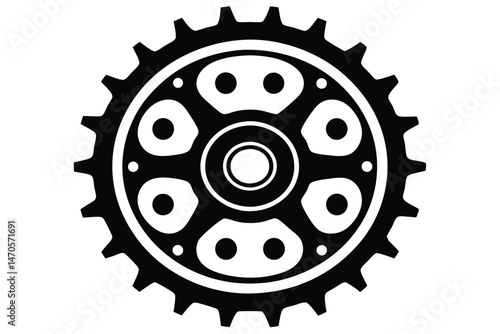 Black gear wheel features circular openings, radiating outward from the central hub in a stylized pattern