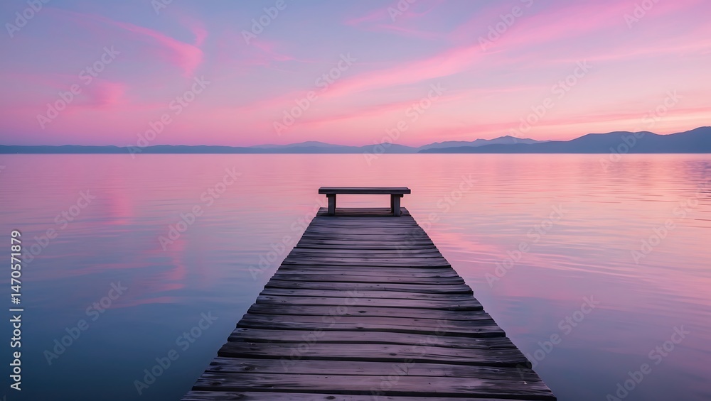 Serene Sunset Wooden Dock Extending into Calm Lake Waters Serene Sunset Wooden Dock Extending into Calm Lake Waters