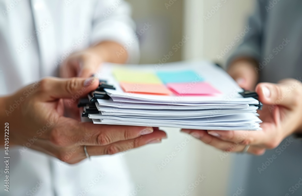 Fototapeta premium Business hands with documents report papers. Office paperwork, data analysis, financial reports, and project information. Work management concept, workspace with many papers and sticky notes.