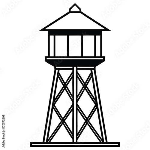Towering above, a bold black outline shows a municipal water tower against white