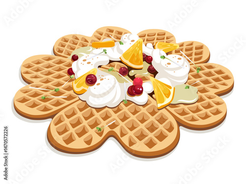 A Heart shaped waffle isolated on a white background. Belgian waffle. Sweet dessert for breakfast. Cartoon style. 
