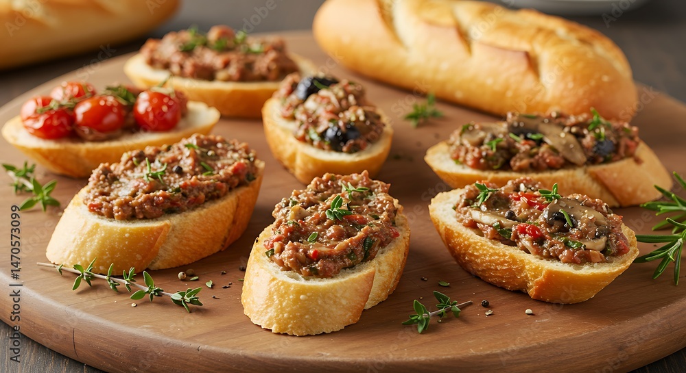 Toasted baguette slices topped with tomato-basil, mushroom, and olive tapenade variations. Wooden serving board, fresh herbs garnish. Toasted baguette slices topped with tomato-basil, mushroom, and olive tapenade variations. Wooden serving board, fresh herbs garnish.