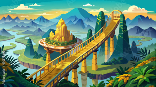 Aerial top view famous tourist attraction among the tropical jungle in the forests - Golden bridge at the top of the Ba Na Hills, Vietnam