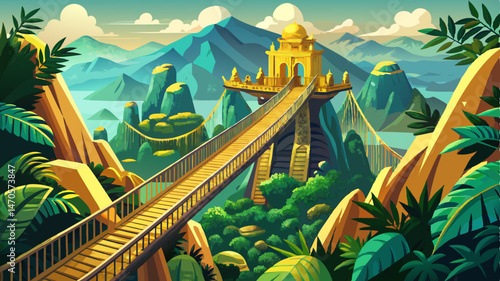 Aerial top view famous tourist attraction among the tropical jungle in the forests - Golden bridge at the top of the Ba Na Hills, Vietnam