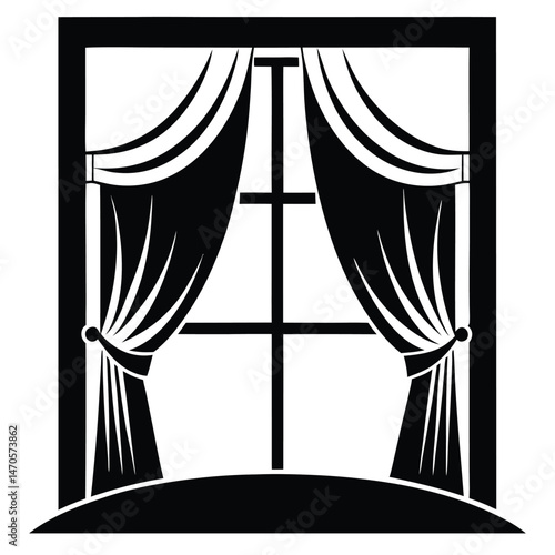 Black window with curtains shows a minimalist design in an isolated illustration