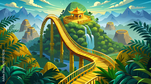 Aerial top view famous tourist attraction among the tropical jungle in the forests - Golden bridge at the top of the Ba Na Hills, Vietnam