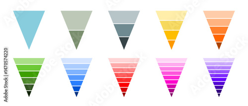 Set of vector colorful funnel charts with different number of segments: 1, 2,3,4,5,6,7,8,9,10. Business and data visualization template, sales funnel, inverted triangle.