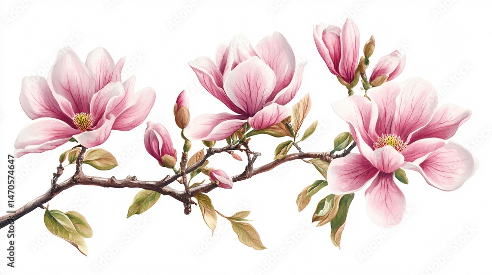 Fototapeta premium Pink Magnolia Flowers Watercolor Clipart for Hand-Painted Designs
