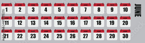June Calendar Days Full Month Set, Dates 1st to 30th Vector Illustration