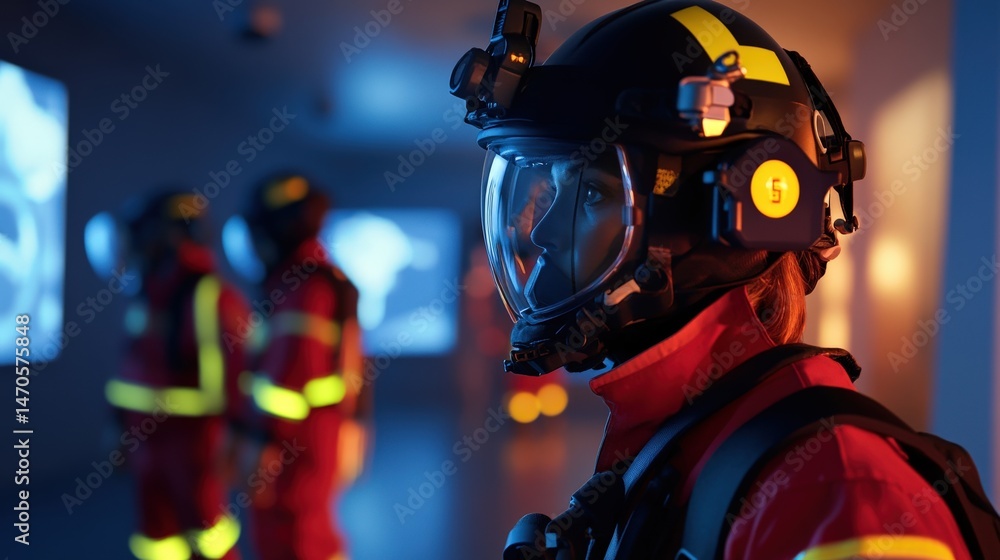 Focused firefighter in protective gear within a simulated environment. Focused firefighter in protective gear within a simulated environment.