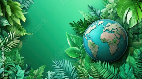 Green earth globe surrounded by lush tropical leaves for environmental themes