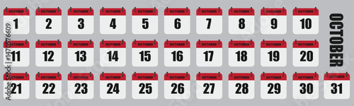 October Calendar Days Full Month Set, Dates 1st to 31st Vector Illustration
