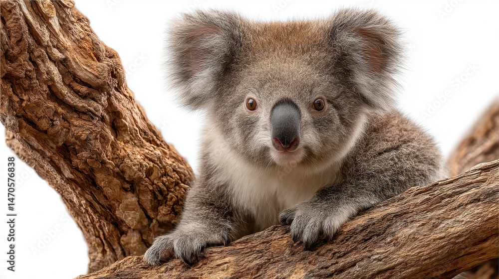 Naklejka premium Koala sitting on a tree branch, cute and calm, isolated on background