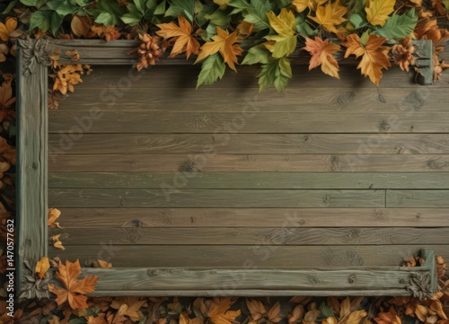 Antique green wood sign, fall leaves border, rustic log frame , element, seasonal, decor