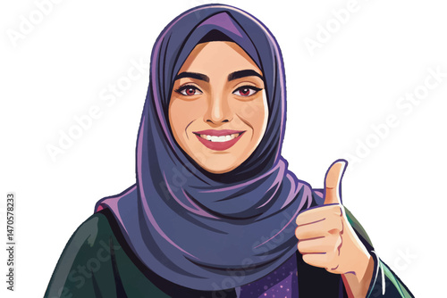 Confident young Arab woman wearing black hijab, smiling and giving thumbs up gesture Positive expression, empowerment, and approval concept. Isolated on white, perfect for diversity, confidence vector