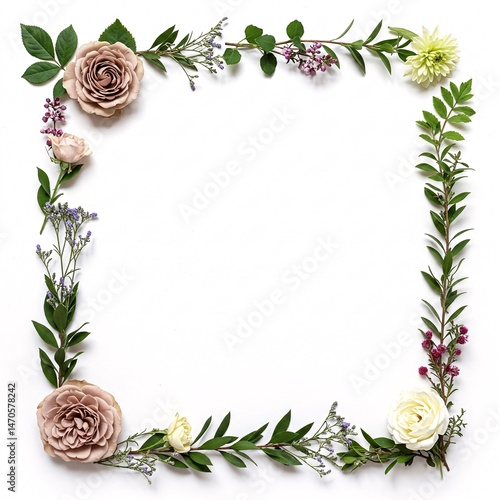 Square floral frame with roses, small flowers, and leaves isolated on a white
