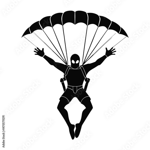Skydiver in silhouette floats downward from a parachute with his arms outstretched for balance