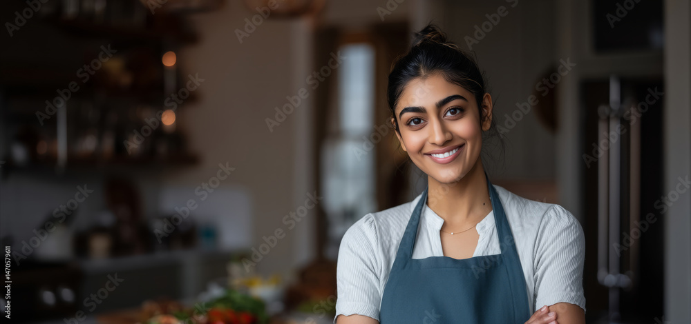 Fototapeta premium Young asian female chef smiling in a cozy kitchen setting