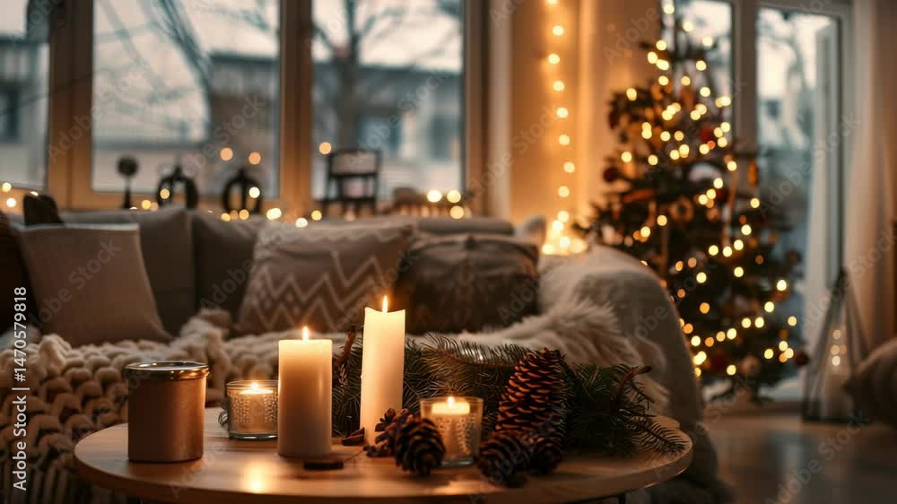 Warm and inviting, this indoor Christmas setting features lit candles, pine cones, and a glowing tree. Soft textures of cushions and blankets create a peaceful, relaxing ambiance. Warm and inviting, this indoor Christmas setting features lit candles, pine cones, and a glowing tree. Soft textures of cushions and blankets create a peaceful, relaxing ambiance.