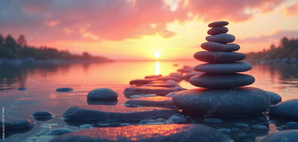 Obraz premium Zen stones stacked on water with sunset. Peaceful scene evokes calm, meditation, mindfulness, balance. Zen garden concept. Stones, water, nature create harmony. Ideal for wellness, relaxation,