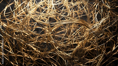 Digital illustration of intricate, chaotic golden lines against a dark background, evoking a complex network.