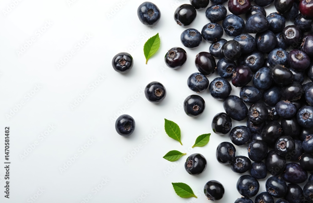 Fresh acai berries with green leaves on white background. Antioxidant rich superfood, healthy vegan food ingredient. Top view, flat lay with copy space for menu, recipe, nutrition info. Fresh acai berries with green leaves on white background. Antioxidant rich superfood, healthy vegan food ingredient. Top view, flat lay with copy space for menu, recipe, nutrition info.