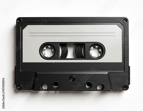Top view of audio cassette tape, isolated on white. Black and white retro design. Vintage tape for old stereo music player. Music recording concept. Nostalgia for 70s 80s 90s. photo