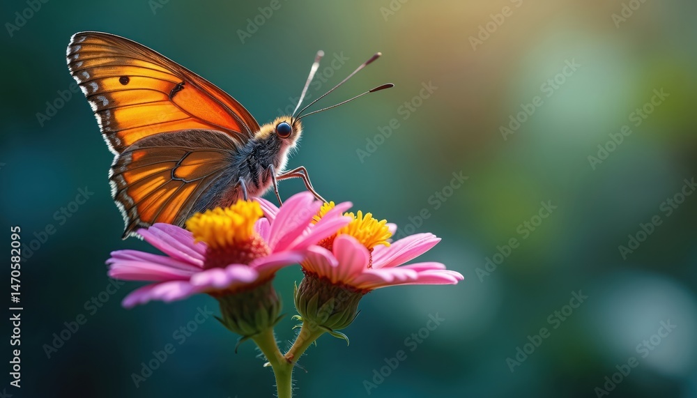 Fototapeta premium Detailed close-up of butterfly on pink flower, macro photo. Butterfly with orange wings collects nectar. Summer nature background, insect on flower, wildlife, spring beauty, detailed art.