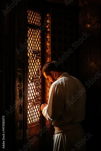 intimate moment of confession and absolution in a dimly lit confessional booth, with warm light filtering through the latticed screen