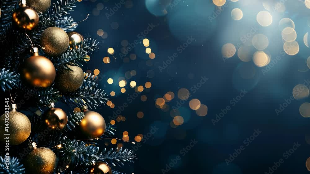 An eye-level, close-up captures a blue pine Christmas tree branch with gold ornaments. Bokeh lights and snow-like specks create a magical, festive, celebratory holiday season atmosphere. An eye-level, close-up captures a blue pine Christmas tree branch with gold ornaments. Bokeh lights and snow-like specks create a magical, festive, celebratory holiday season atmosphere.