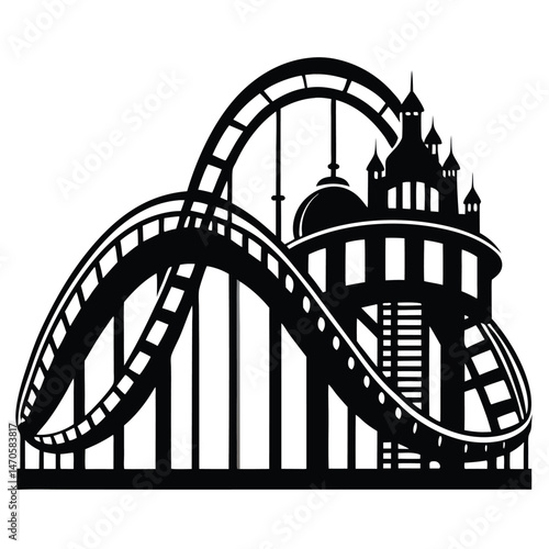 Silhouette shows a roller coaster with a majestic building in black and white