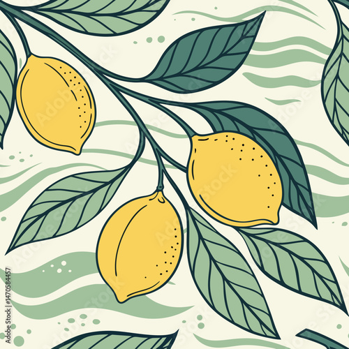 Lemon branch illustration, in yellow and green tones, for textile design