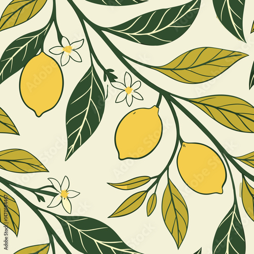 Lemon tree branches with fruit and flowers, in yellow and green, for fabric design
