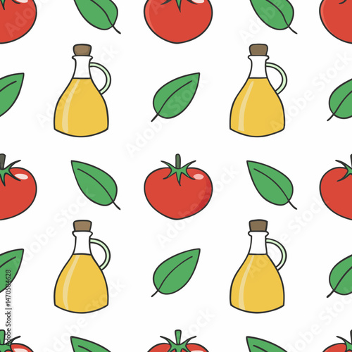 Tomatoes basil and olive oil seamless pattern, for food blogs