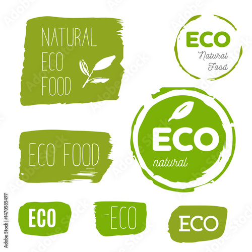 Eco Healthy food icons, labels. Ecology tags set. Organic icons. Natural product elements. Logo for vegetarian restaurant menu. Raster illustration. Low fat stamp. Eco product. Vector illustration