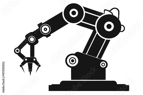 Black industrial robotic arm machine presents a claw design over a white background