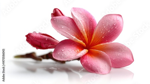 Single pink frangipani flower, delicate and beautiful, isolated on white background