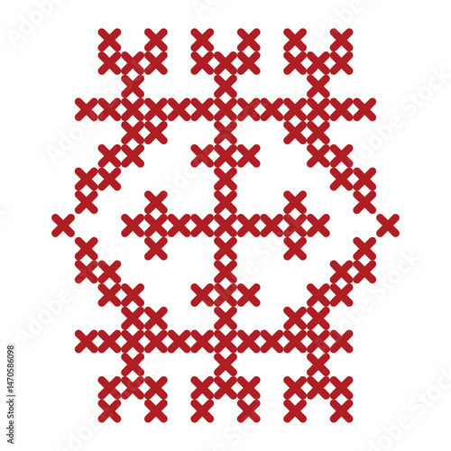 Red cross-stitch embroidery pattern with central motif for decorative art