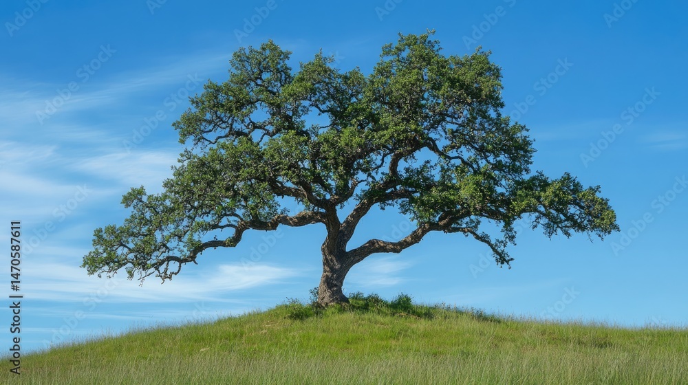 Fototapeta premium Majestic Oak Tree on Grassy Hilltop Under a Blue Sky