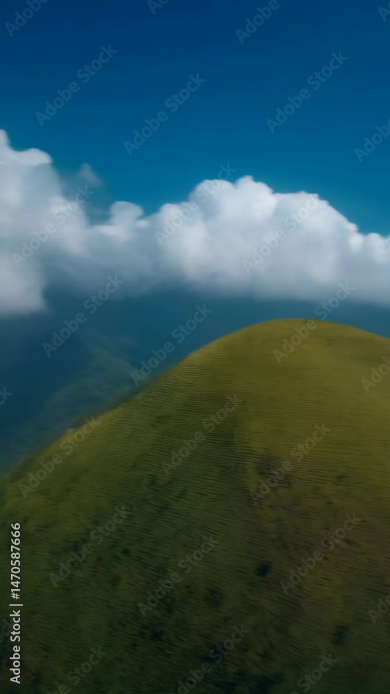 Green hills meet bright blue sky with fluffy white clouds forming a tranquil landscape scene, capturing rolling mountain slopes and serene atmosphere. Green hills meet bright blue sky with fluffy white clouds forming a tranquil landscape scene, capturing rolling mountain slopes and serene atmosphere.
