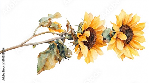 Fototapeta Naklejka Na Ścianę i Meble -  Beautiful Sunflower Flowers on Isolated White Watercolor Background