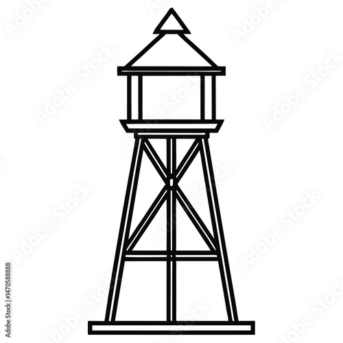 Outlined water tower stands boldly, showing minimalist structure with pyramidal roof and linear framework