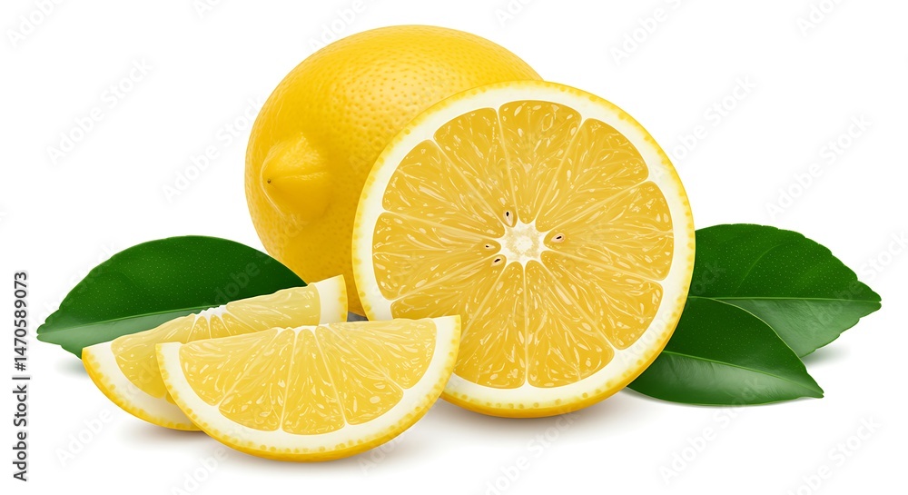 Fototapeta premium High-Resolution Image of Cut Lemon with Scattered Slices and Green Lemon Leaves on Clean White Surface under Soft Natural Light