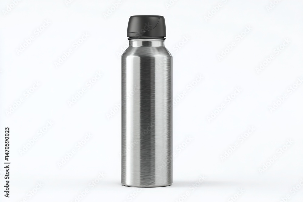 Sleek silver water bottle with a black cap, perfect for hydration on the go. Sleek silver water bottle with a black cap, perfect for hydration on the go.