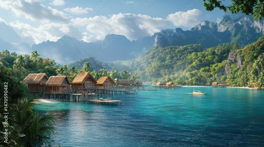 Naklejka premium Tropical Paradise: Overwater Bungalows on Turquoise Lagoon