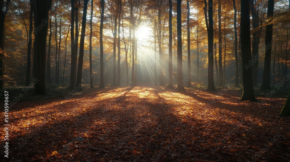 Obraz premium Sunlight streams through autumn forest, casting shadows on fallen leaves