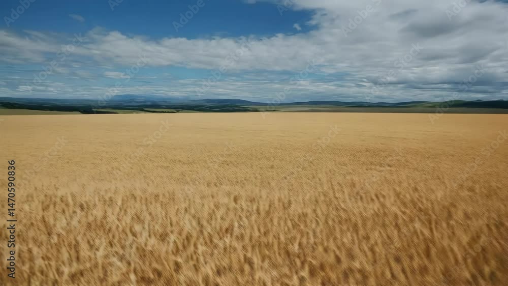 Vast golden wheat field stretches to distant green hills underneath a cloudy blue sky in a rural agricultural landscape under daylight Vast golden wheat field stretches to distant green hills underneath a cloudy blue sky in a rural agricultural landscape under daylight