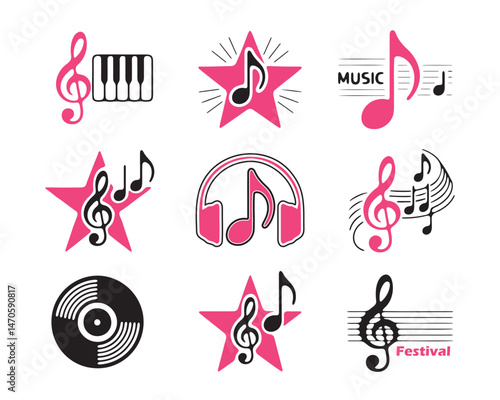 Collection of Stylish Pink and Black Music Icons for a Festival