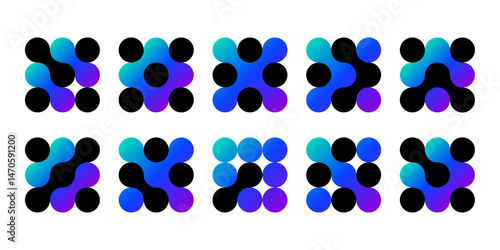 Atom dots connected in molecule structure pattern. Abstract circle shapes, collagen liquid drops. Medical tech metaball cells. Wavy merge fluid arrow, laboratory symbol. Dividing blob circuit cross